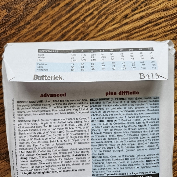 Butterick Historical Costume Sewing Pattern Size 12 14 16 Victorian, Renaissance - Picture 4 of 5